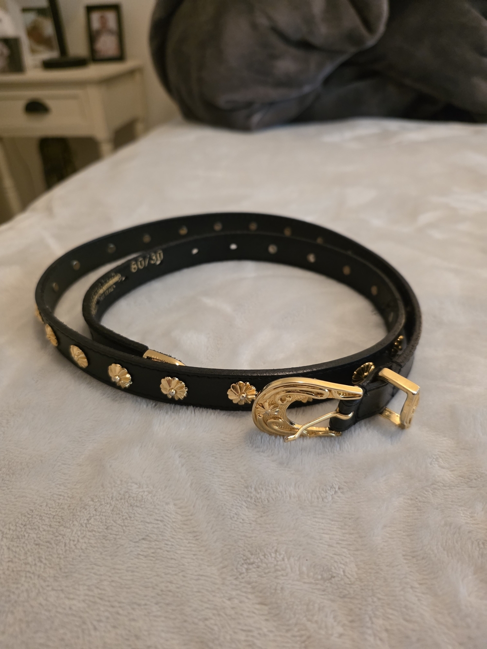 Doppia VITA Black Leather Belt with Gold Floral Studs
